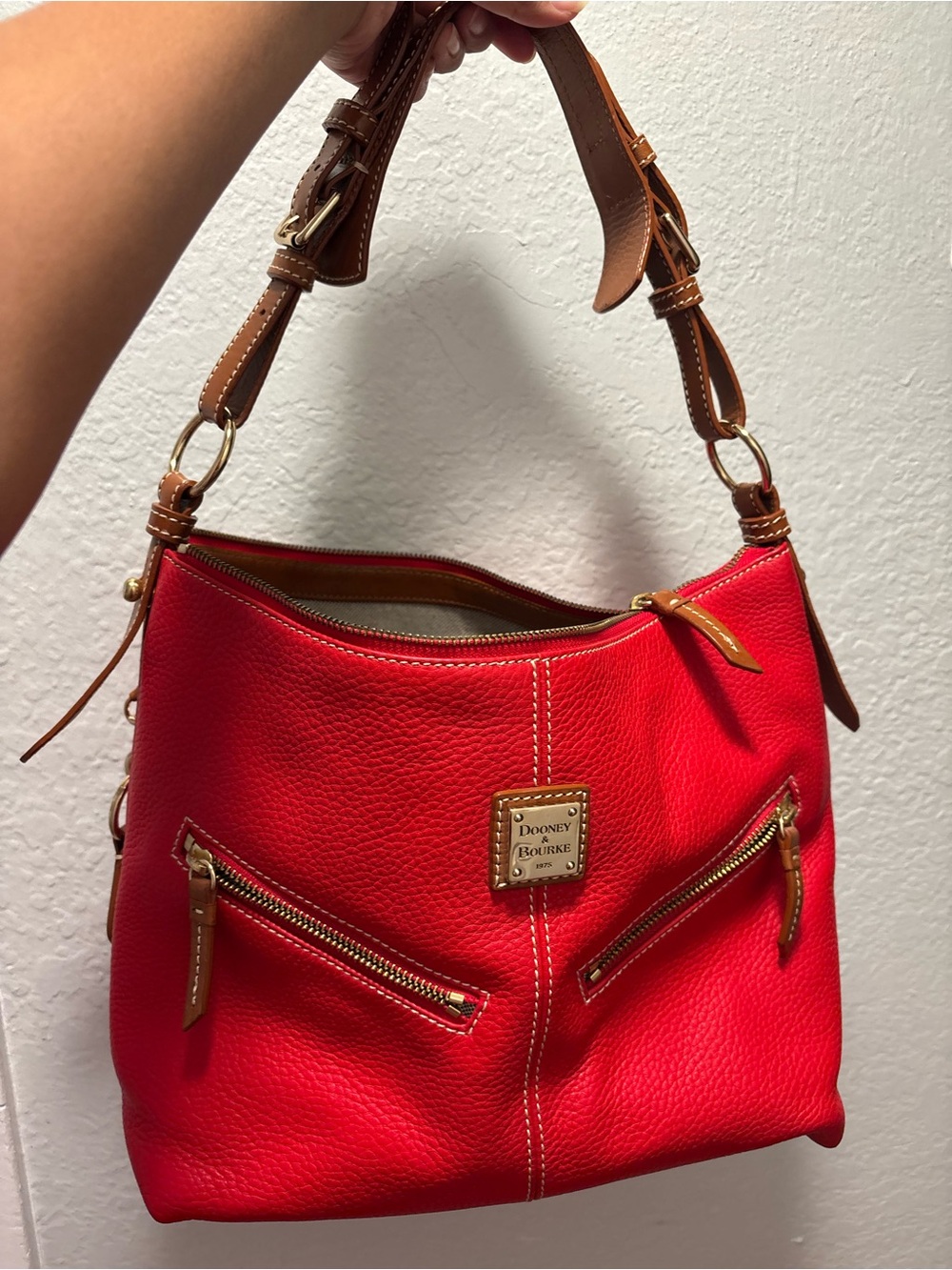 Dooney & Bourke Red Pebble Leather Shoulder Hobo with Tan Trim